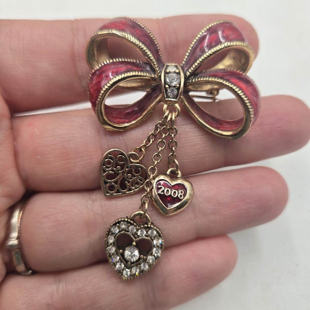 Monet Signed Collectible Brooch Pin Gold Tone Charm Heart Rhinestones Red Enamel
